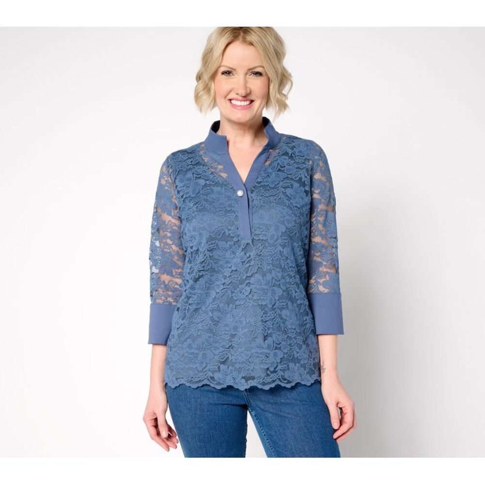 Liberare Women's Top Sz L Sleeve Lace Blouse Tank Blue A684470